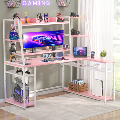 Bureau en L de 47 po avec huche et support pour moniteur Yiting de Yiting, bureau de jeu avec prise de courant et lumière DEL