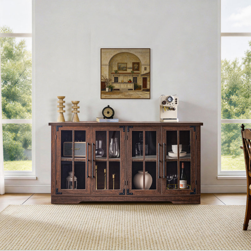 Buffet en bois de ferme l 63 po Pfarr avec portes en verre et tablettes réglables, brun, Brun