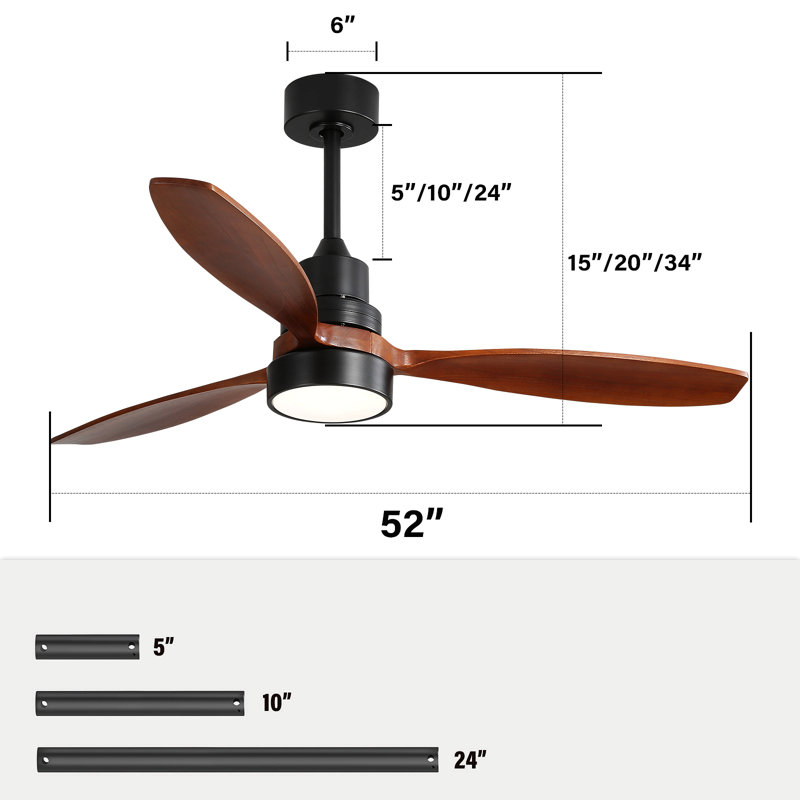 52 Inch Integrated Led 3 Wood Fan Blade Ceiling Fan With Light Kit And 6 Speed Remote Control, Black, Black