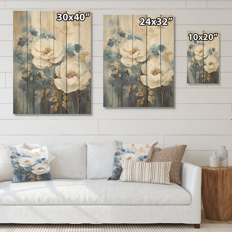 Fleurs dorées et blanches de saison dorées Dream I - Fleurs saisonnières, art sur bois de pin naturel, H 40 po x l 30 po