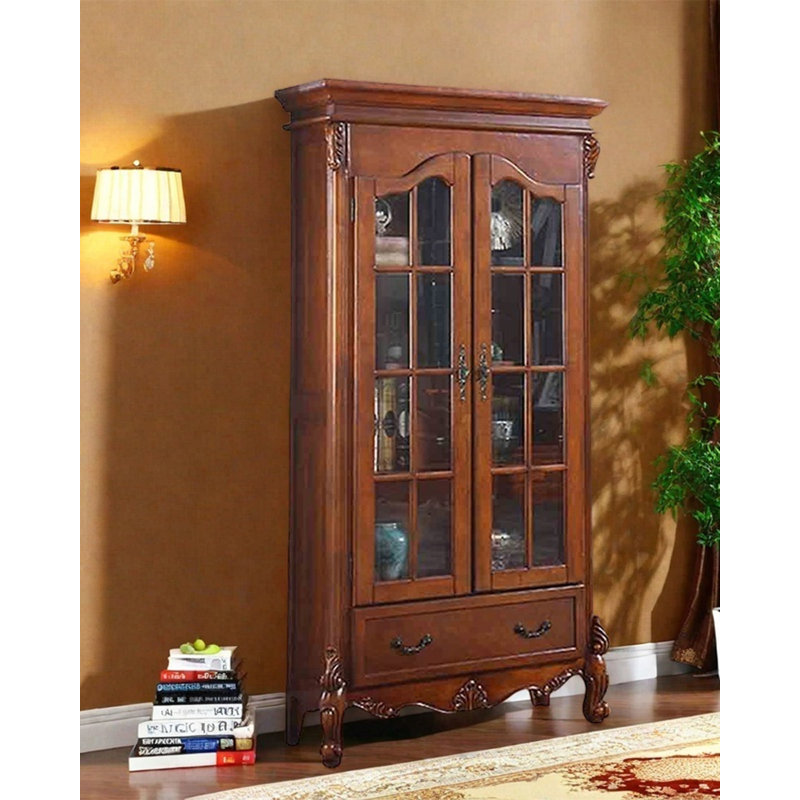Vitrine avec tiroir en bois d'hévéa massif traditionnel, (4 tablettes) H 78,7 po x l 35,4 po x P 15 po