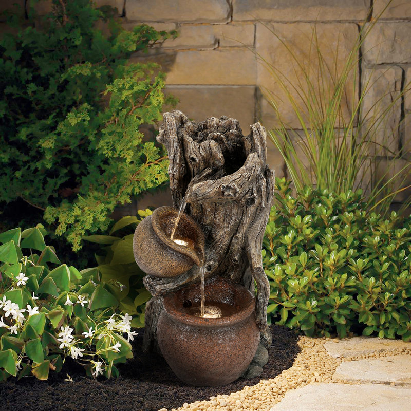 Kashmira 25.2'' Outdoor Rustic Tree Trunk Resin Fountain with LED Light