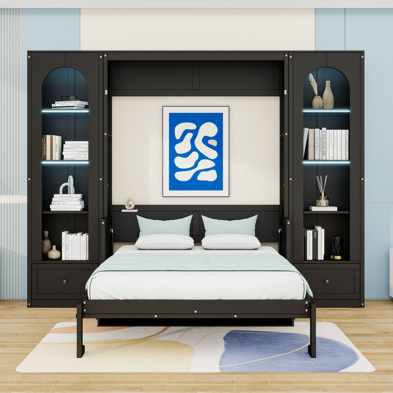 Queen Murphy Bed with LED, Side Cabinets and Ample Storage, Black