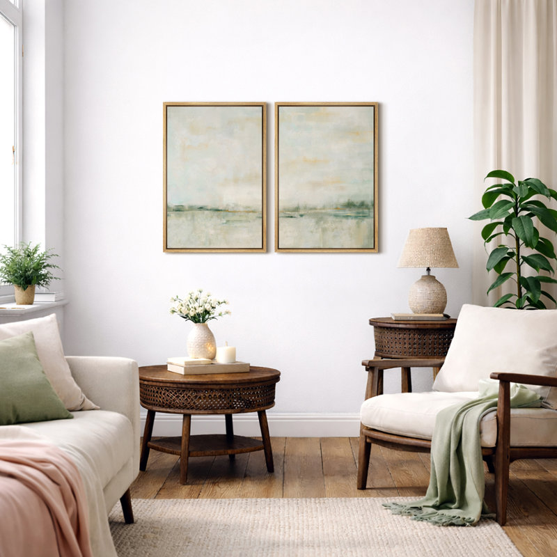 Soft Abstract Landscape Artwork, Calm Pastel Nature Canvas Pictures, Framed Canvas Giclee Print 2 Pieces Wall Art