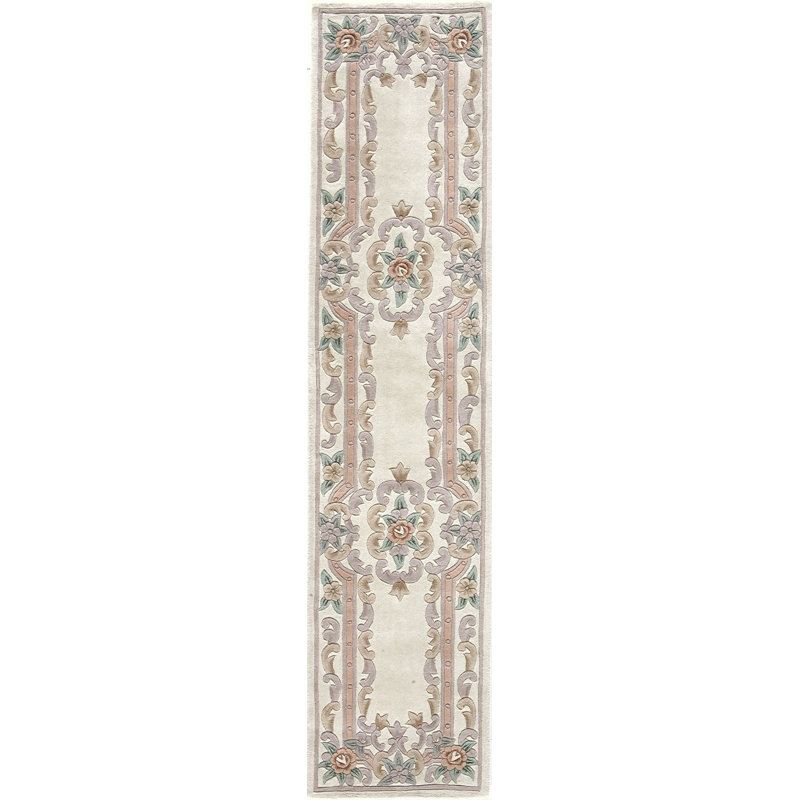 Tapis traditionnel ivoire Aubusson, Tapis de couloir 2 pi 3 po x 10 pi