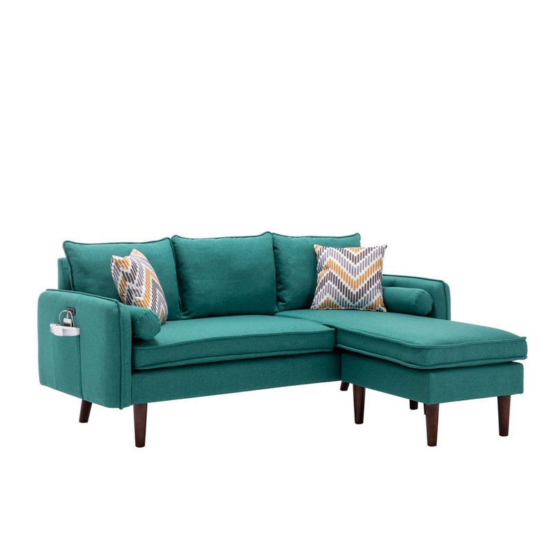Gouvernour L Shaped Sectional Sofa Chaise with USB Charger & Pillows, Left Hand Facing, 100% Linen, Teal 100% Linen