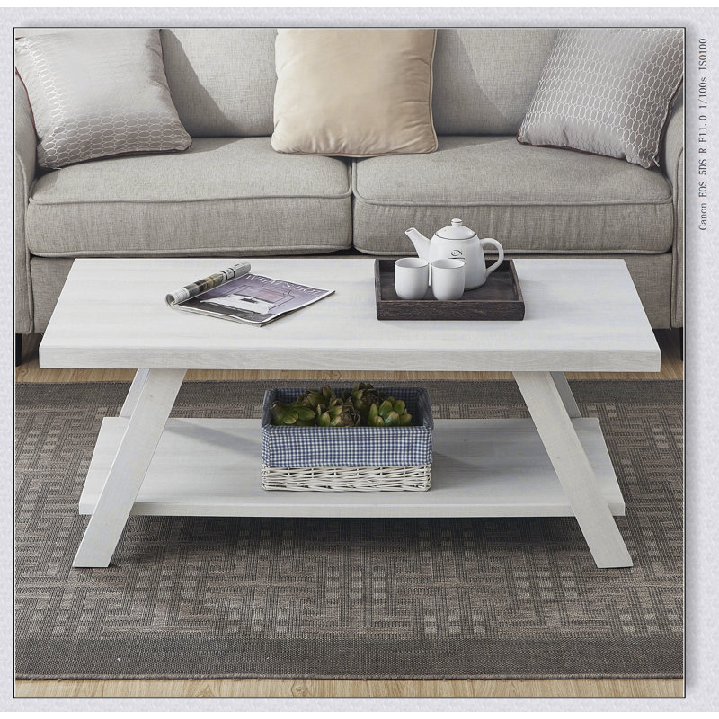 Table basse à tablette contemporaine en bois Athens avec finition blanche, parfaite pour la vie moderne et le rangement supplémentaire