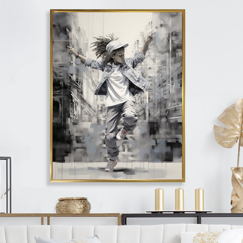Noir et blanc Hip Hop Dance IV sur toile, Encadrement doré, H 32 po x l 16 po