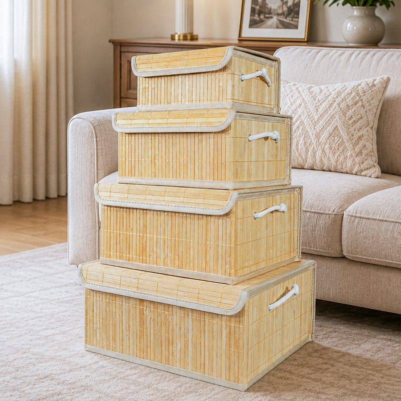 Ensemble de 4 paniers de rangement en bambou naturel avec couvercles et poignées, bacs de rangement décoratifs gigognes pour placard, chambre à coucher et salon