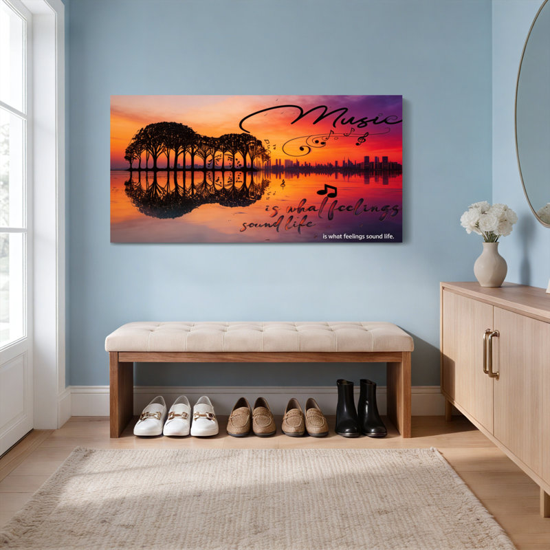 Ensemble de 1 tableau sur toile tendue « Notes de musique et silhouette d'arbre au coucher du soleil », 5828