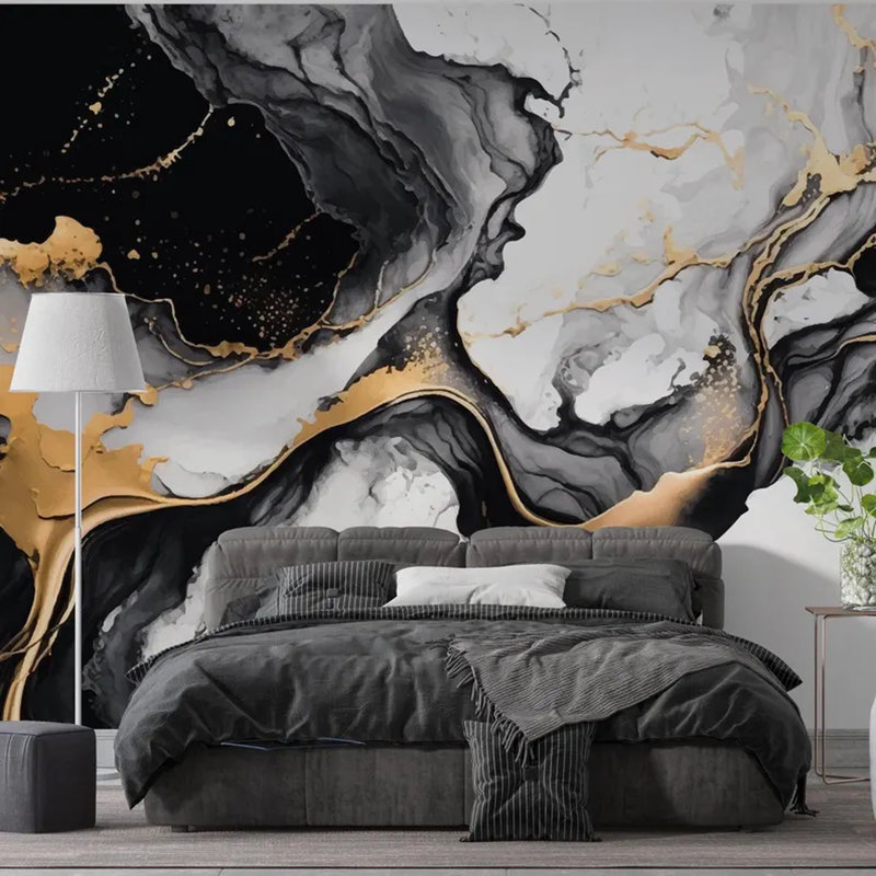 Murale en marbre noir, blanc et doré, L 108 po x l 96 po