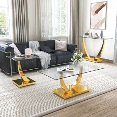 Ensemble de 3 tables basses, tables de bout et consoles Modern avec plateau en verre trempé transparent et bases en acier inoxydable