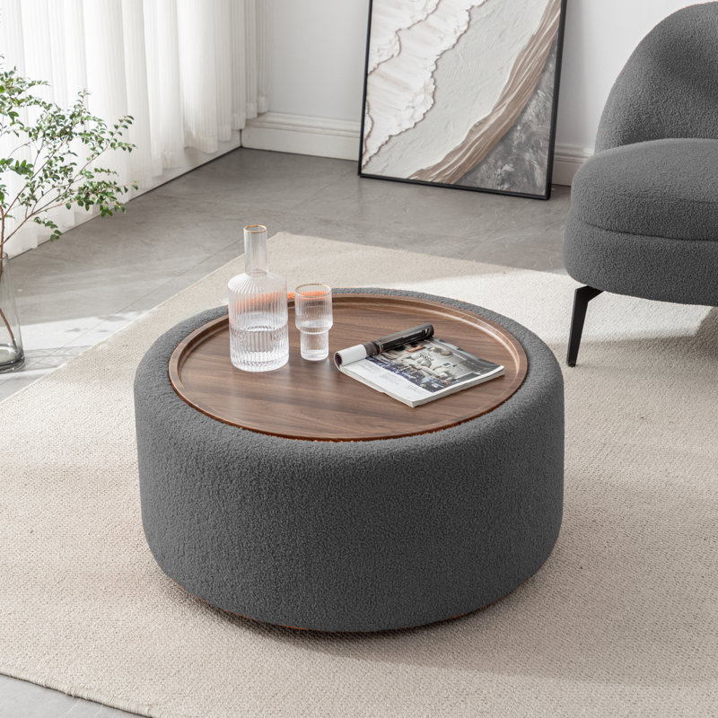 Bryonie Round Cocktail Ottoman with Storage, Grey Performance Boucle