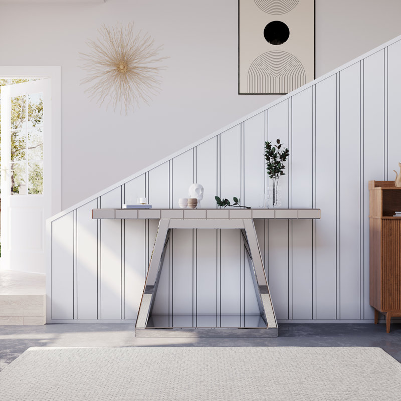 Console en verre 55,9 po tout miroir avec base trapézoïdale - conception réfléchissante, surface résistante aux égratignures et rangement ouvert