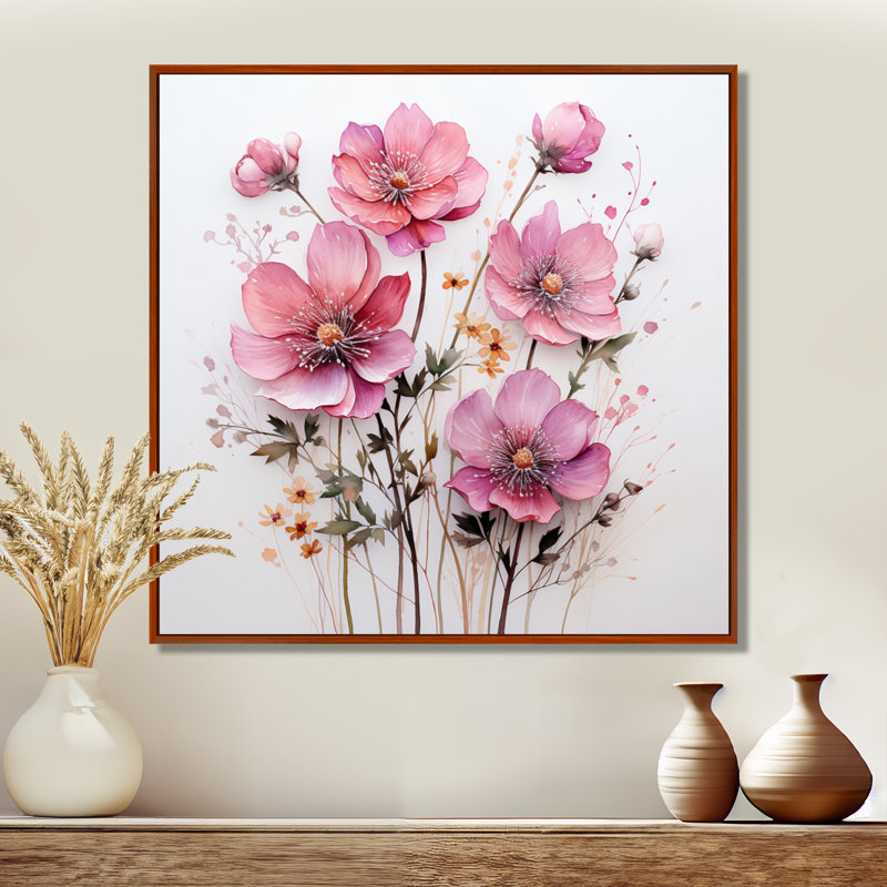 Art mural sur toile rose, H 24 po x l 24 po x P 1 po, Cadre flottant brun
