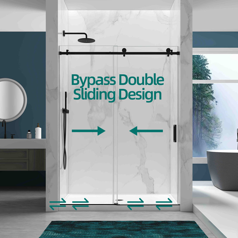 56-60"W×76"H Frameless Shower Door,6mm Sgcc Tempered Glass+Protective,Matte Black,Stainless Steel Handle/ Rail,Adjustable Width,Easy Inst