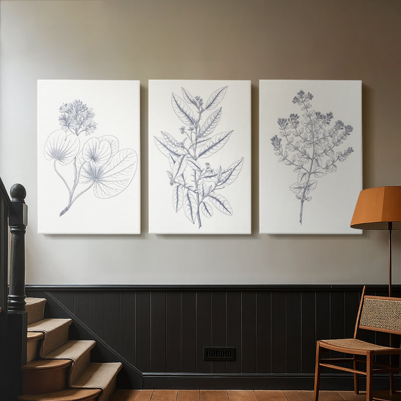 Indigo Botany Study IV - Toile tendue avec châssis sur mesure - 3 pièces, H 12 po x l 24 po