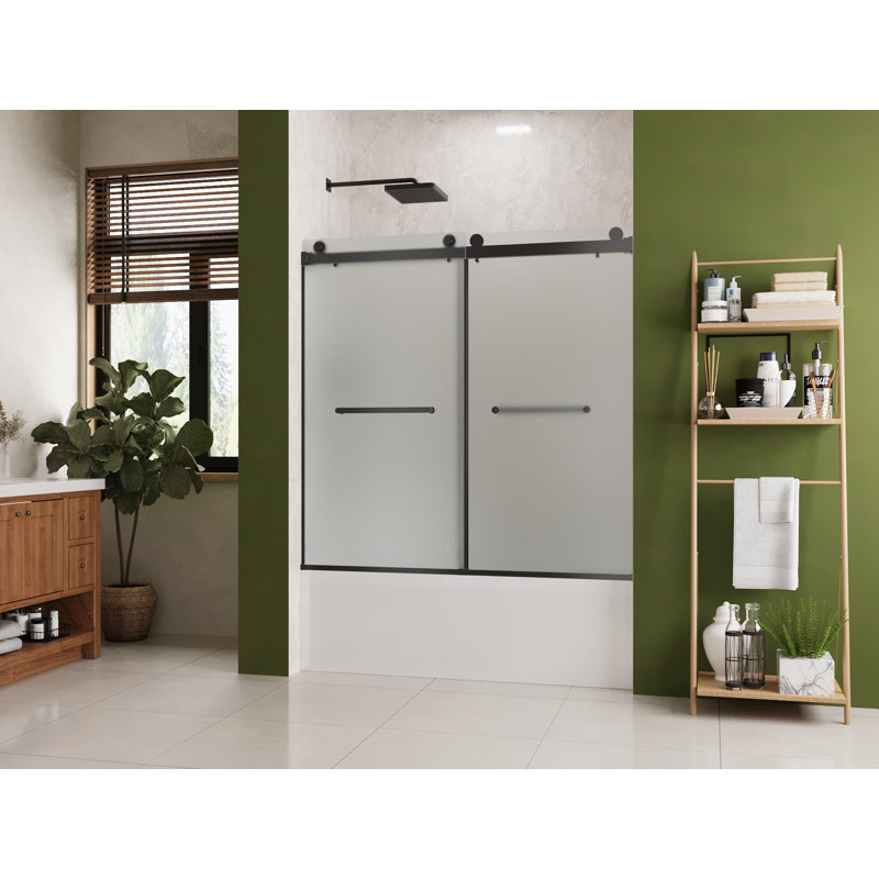 55" - 59" W×59" H Double Sliding Frameless Bathtub Shower Door With 3/8" Frosted Tempered Glass, Matte Black
