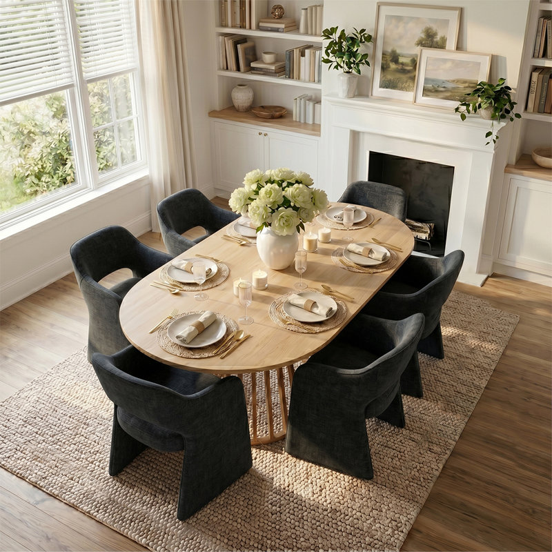 Ensemble de table de salle à manger pour 6 personnes avec table ovale extensible et 6 chaises rembourrées en tissu, Black