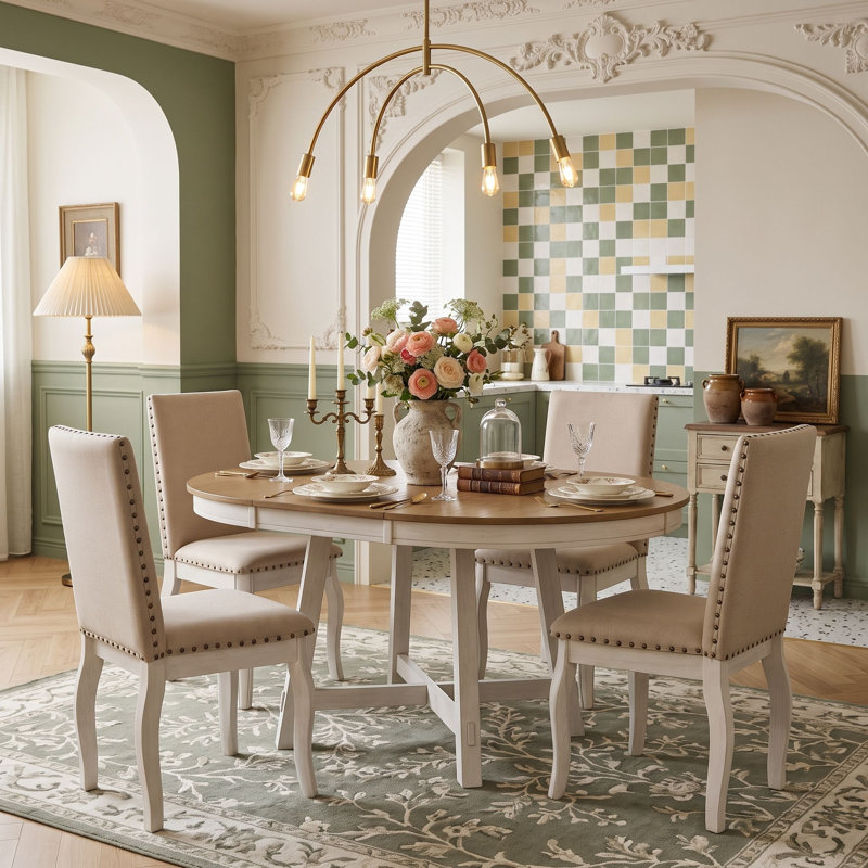 Ensemble de salle à manger rond extensible cinq pièces avec des chaises rembourrées, Chêne bois naturel blanc antique