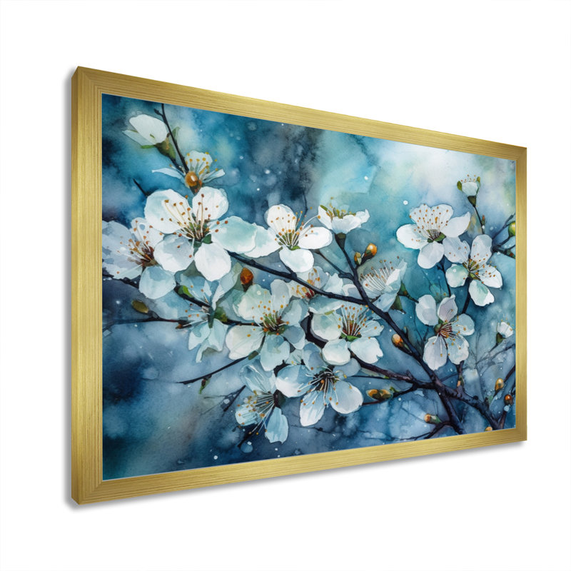 " White Blue Apple Tree Melody ", 16" H x 32" W x 1" D, Gold Picture Framed