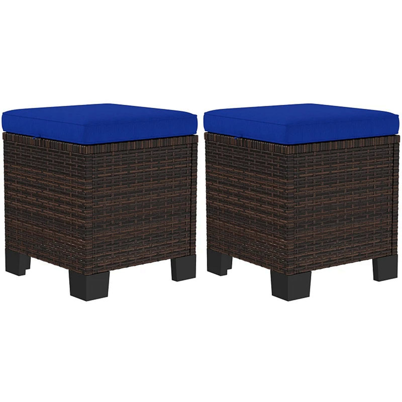 Set Of 2 Outdoor Ottoman Cubes For Patio Furniture | Gift Idea, Blue , Polyester