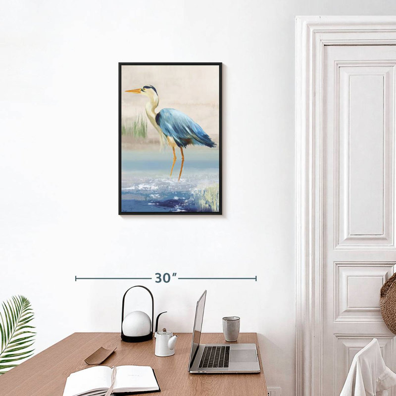 Héron sur la plage, Cadre flottant noir, 17 po x 25 po