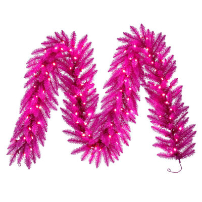 The Holiday Aisle® 9' x 14" Hot Pink Artificial Pre-Lit Garland with 100 Pink LED Mini Lights