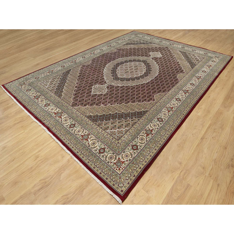 Tapis rouge en laine et soie noué à la main 8 pi 10 po x 12 pi 4 po Super Mahi