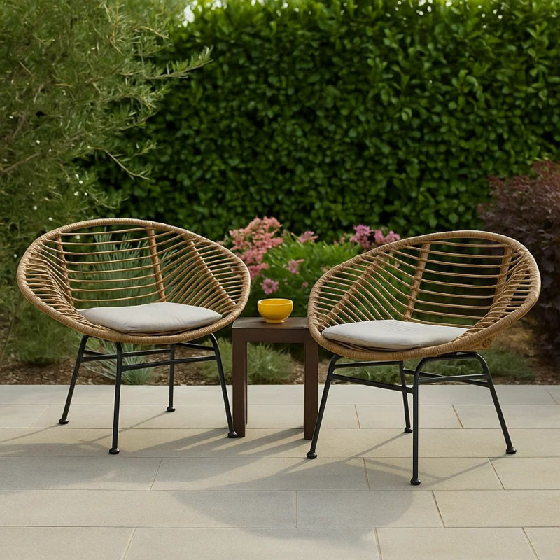 Ensemble de 2 chaises d'appoint d'extérieur, beige, simili rotin brun panier, noir