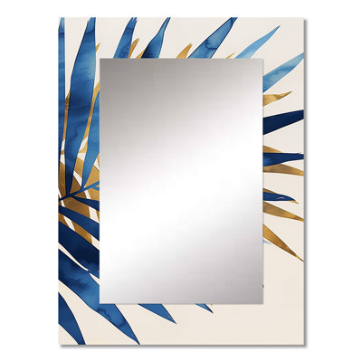 Blue and Gold Palm Tree leaves II - Palms Wall Mirror, Blue Decorative Mirror, Printed Metal Art