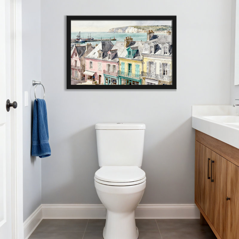 Scène d'aquarelle de ville côtière, H 20 po x l 30 po, Toile tendue, Ne s’applique pas