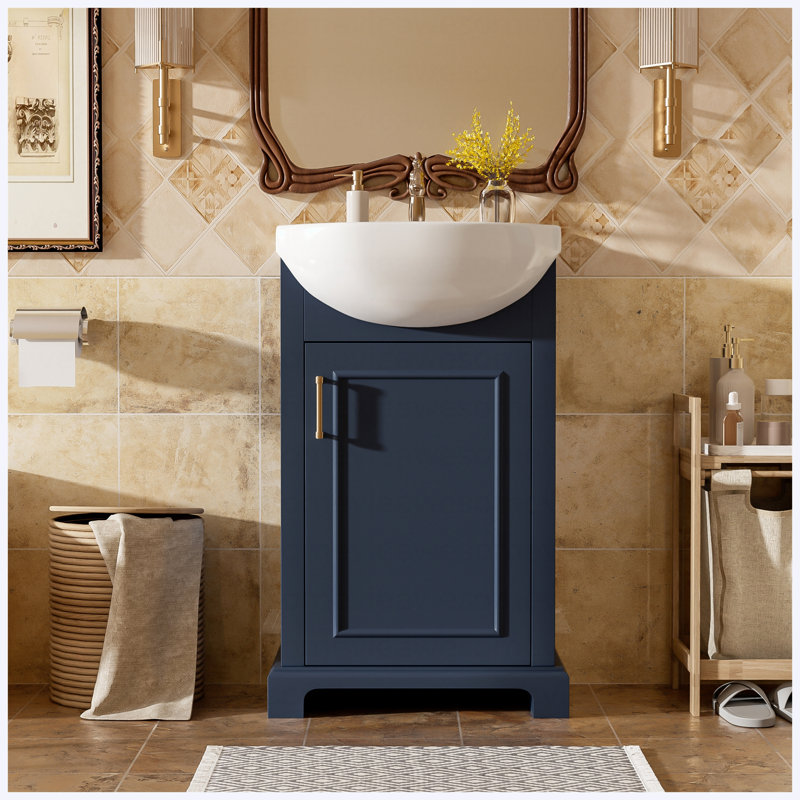 Meuble-lavabo autoportant de 20 po de style français avec lavabo en céramique, porte à fermeture douce et lavabo en céramique bombé, bleu