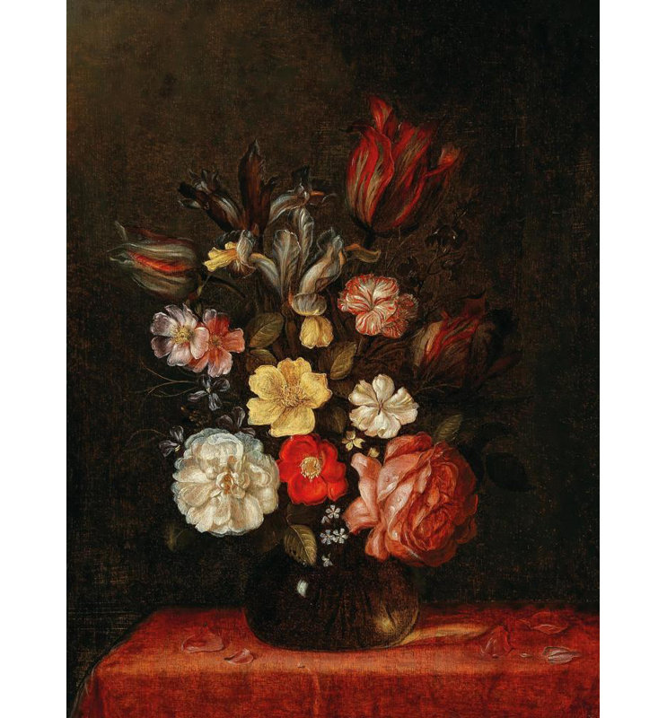 "Roses, tulipes et iris dans un vase en verre" par Peter Van De Venne - Art mural sur toile tendue avec châssis