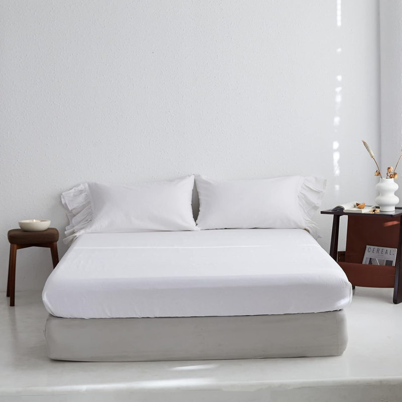 Linen Cotton Fitted Sheet, White , King Fitted Sheet