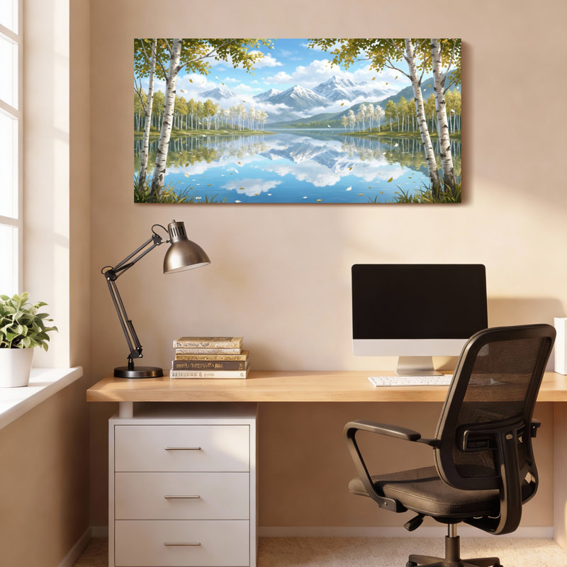 «Birch Trees Mountain Lake Reflection», ensemble de 1 reproduction d'art sur toile tendue, H 20 po x l 40 po