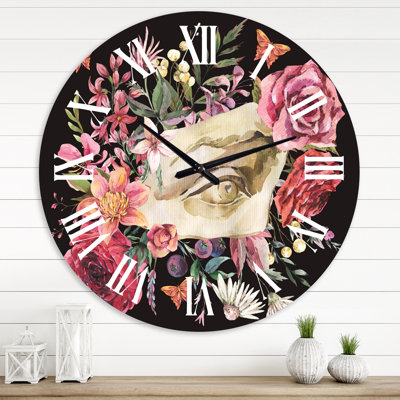 Greek Sculpture David Eye With Dried Wildflowers - Farmhouse wall clock