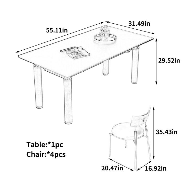 Dining Table Sets, 5 Pieces: Table, 4 Chairs, 29.52"H x 55.11"L x 31.49"W