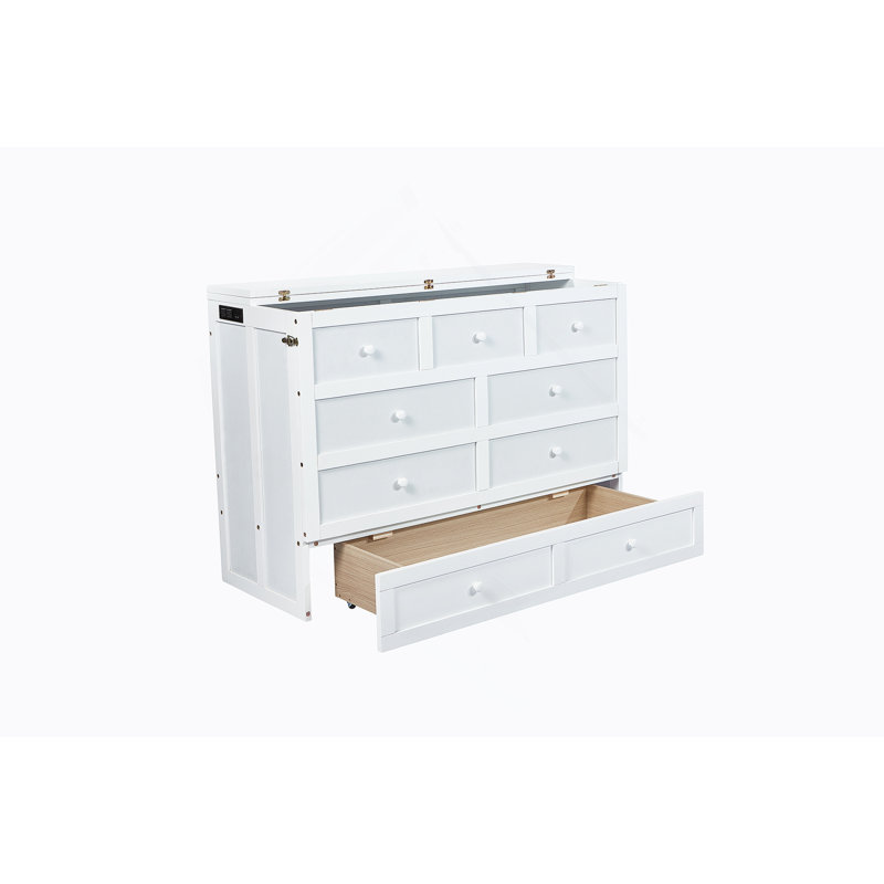 Armoire de lit escamotable complète avec tiroir de rangement et station de charge Murphy, port USB, cadre de lit escamotable en pin massif pour bureau personnel, studio ou chambre d'amis, blanc