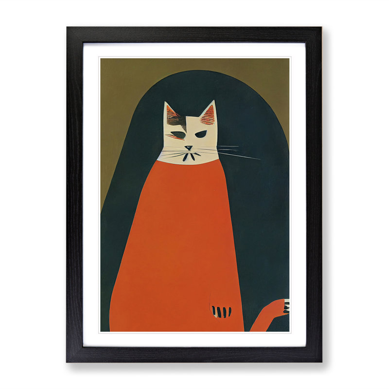 Boho Cat - Wall Art, Black Framed, 66cm H x 48cm W x 2cm D, White
