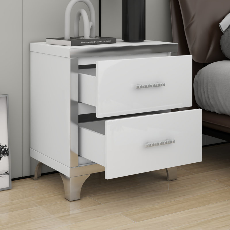 Table de chevet 2 tiroirs ultrabrillante avec poignée en métal, Blanc