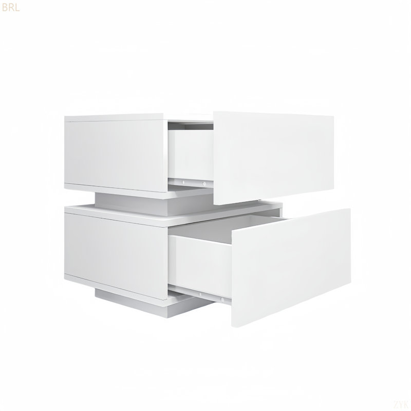 White Color High Glossy 2 Drawers Bedside Table With RGB Led Light Nightstand With Bluetooth Control
