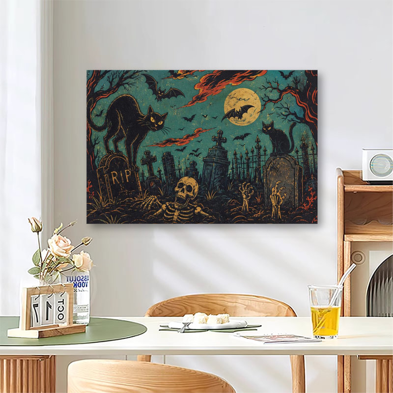 Tableau sur toile vintage représentant un chat noir, un crâne et des chauves-souris dans un cimetière, avec une pleine lune et un style rétro Halloween.