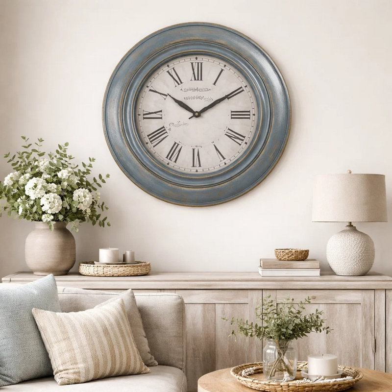 Horloge murale ronde 30 po, grande horloge murale, bleu antique, transitionnel, Bleu