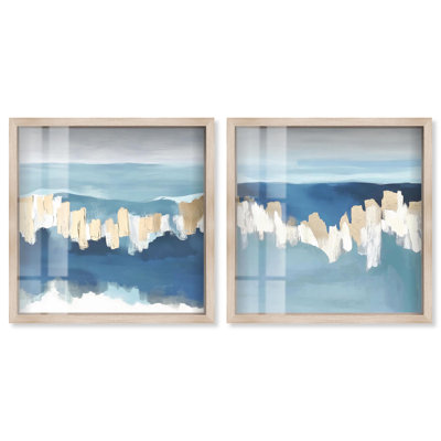 Coastal Serenity Duet Shadowbox Print Blue And Sage Wall Decor Set by Art Remedy, Blonde Frame, 20 x 20