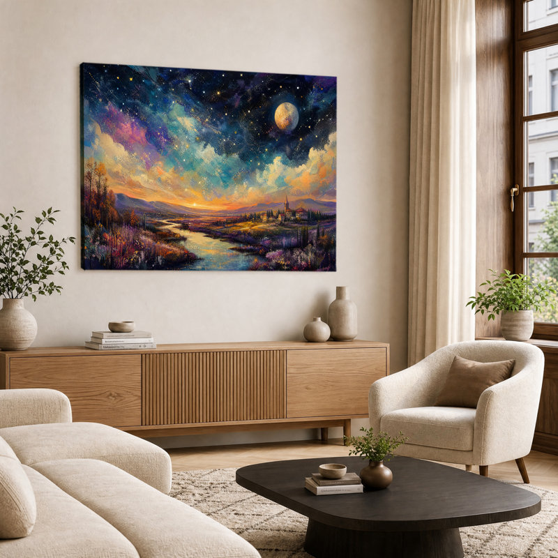 Tableau sur toile imprimée « Nuit étoilée » représentant un village toscan bordé par une rivière, avec encadrement de galerie.