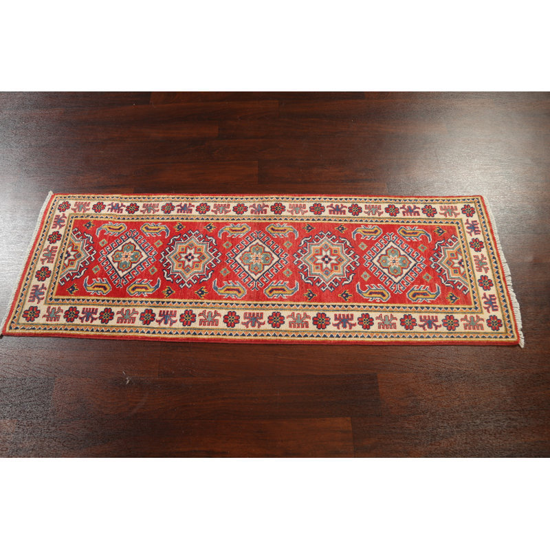 Tapis de couloir rouge en laine noué à la main de conception unique 1 pi 11 po x 5 pi 7 po New Age