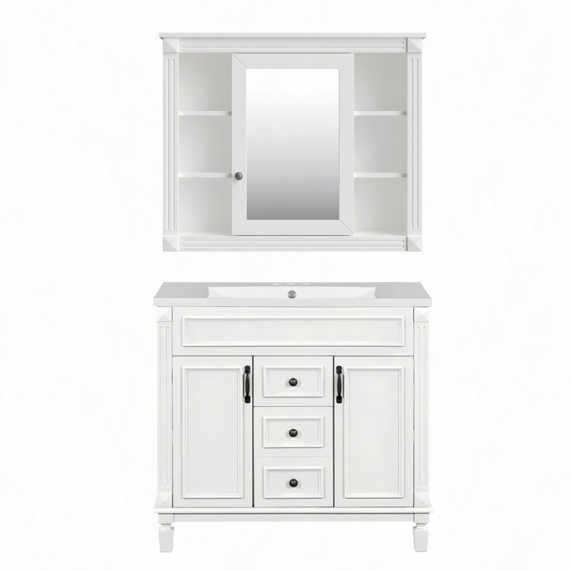 Meuble-lavabo 36 po avec lavabo supérieur, armoire à miroir, armoire de rangement avec 2 portes à fermeture douce et 2 tiroirs, meuble-lavabo simple