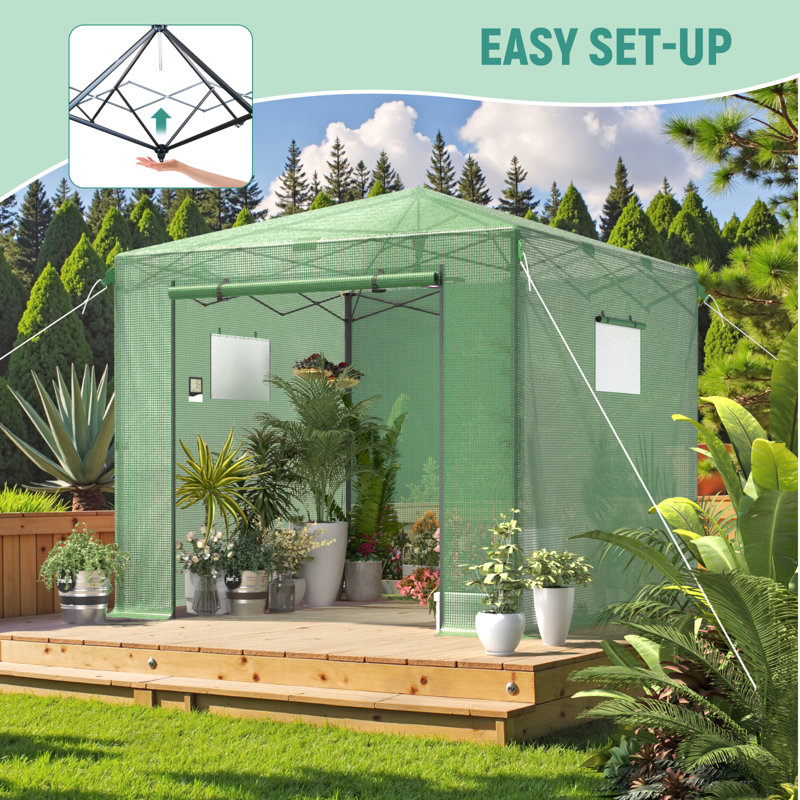 10' W x 10' D Pop Up Walk-In Greenhouse for Outdoors, Portable Greenhouses with Roll-Up Door & Free Hygrometer/Grow Light, Easy Set Up