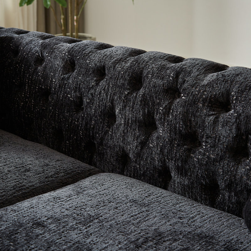 Canapé en chenille avec boucle à tirer, boutons capitonnés avec accoudoirs décoratifs cloutés en cuivre, canapé rembourré et pieds en métal